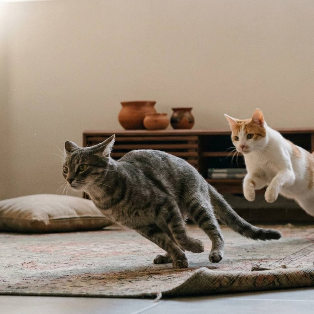 Dos gatos en plena persecución por el salón de una casa